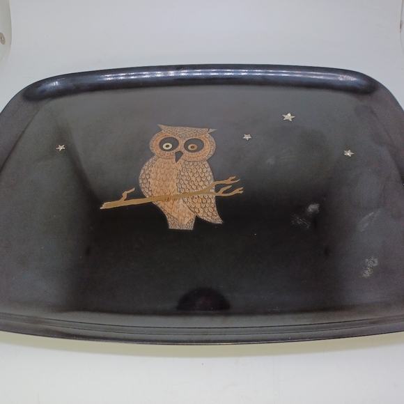 Vintage Couroc Owl Inlaid Tray 12 × 9 in Black Gold - Picture 12 of 13